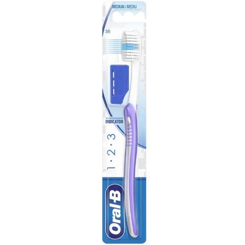 Oral-B 123 Indicator Medium Toothbrush 35mm Χειροκίνητη Οδοντόβουρτσα με Μέτριες Ίνες 1 Τεμάχιο - Λιλά / Μπλε 